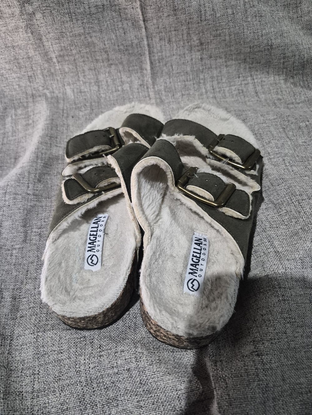 Magellan Outdoors Kids Olive Faux-Fur Lined Double-Buckle Slides